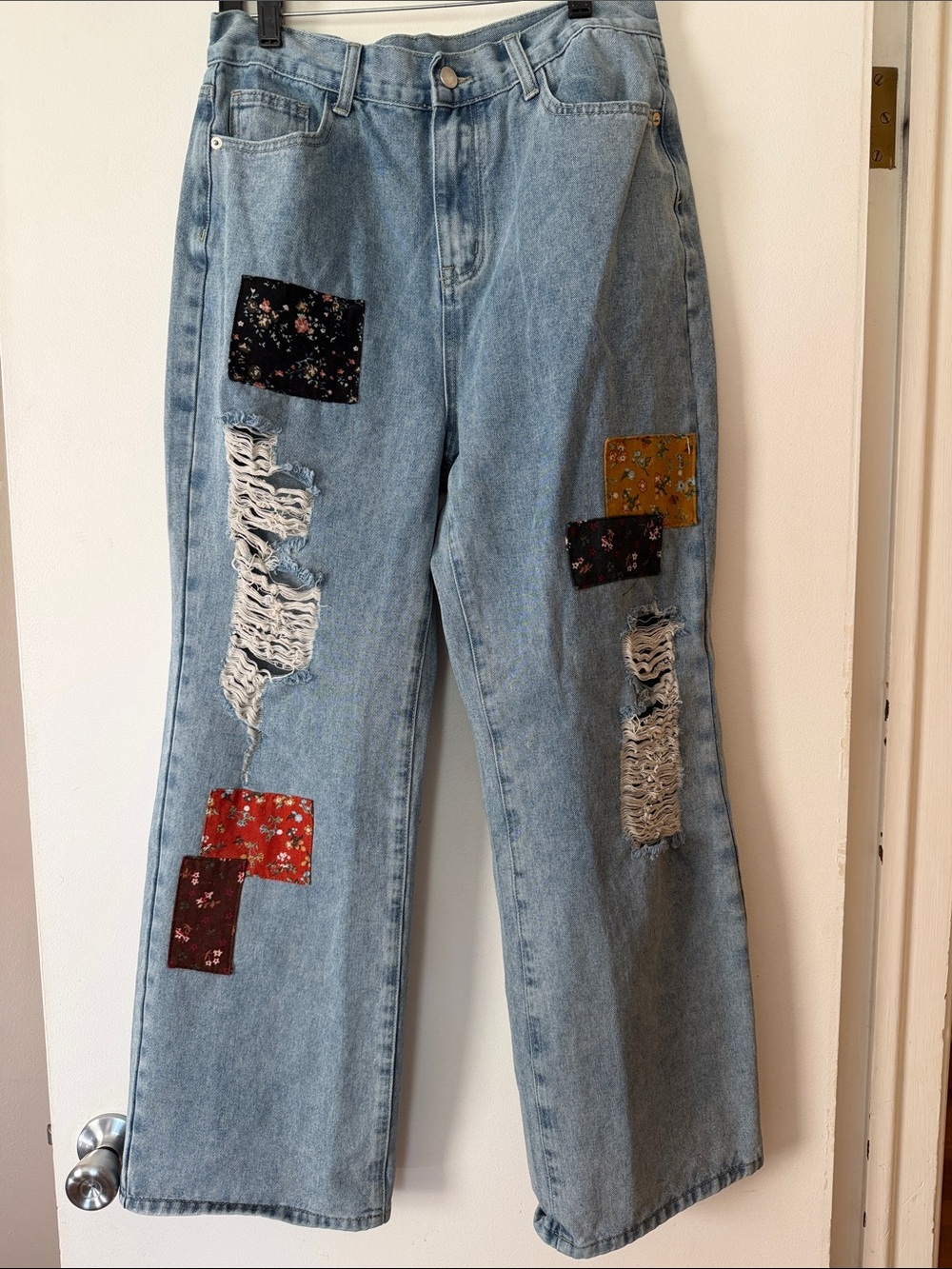 Cider Light Blue Patchwork Wide-Leg Jeans with Floral Patches
